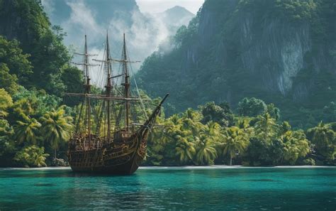 Barco pirata anclado cerca de una isla tropical