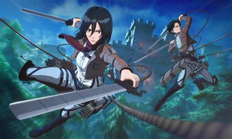 Mikasa Ackerman entrenando con el Equipo de Maniobras Tridimensionales