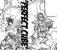 Perfect Cube protegiendo a Arthur, Elizabeth y Hawk