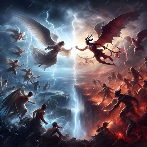 Ilustración de una batalla entre ángeles y demonios