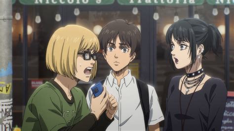 Eren en su forma de titán hablando con Armin y Mikasa