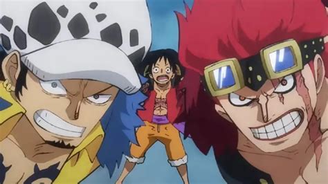 Ilustración de Luffy, Kid y Law atacando a Kaidou