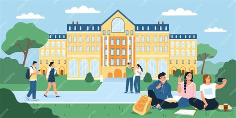 Ilustración de un campus escolar con parejas de chicos