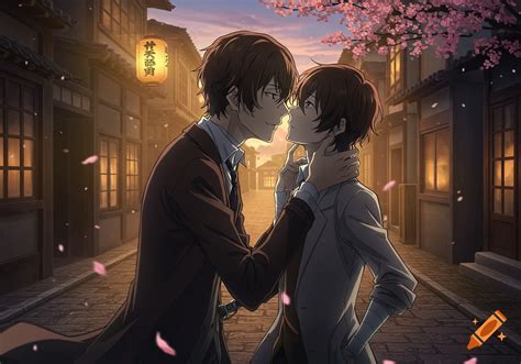 Manga art style with two male characters in a romantic pose