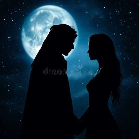 Symbolic representation of a couple embracing under a moonlit sky