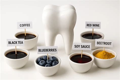 Infografía mostrando alimentos y bebidas que manchan los dientes