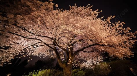 Árbol de cerezo en una barca iluminado por la noche