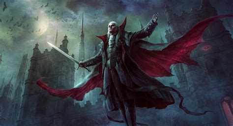 Ilustración de un vampiro y un cazador de vampiros en un ambiente misterioso.