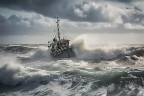 Barco a la deriva en un mar tormentoso