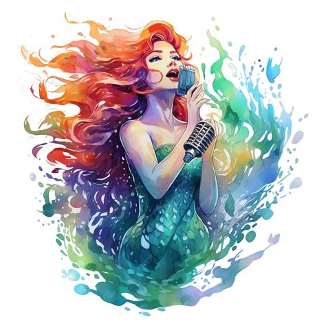 Ilustración de una sirena con cabello azul cantando junto al mar