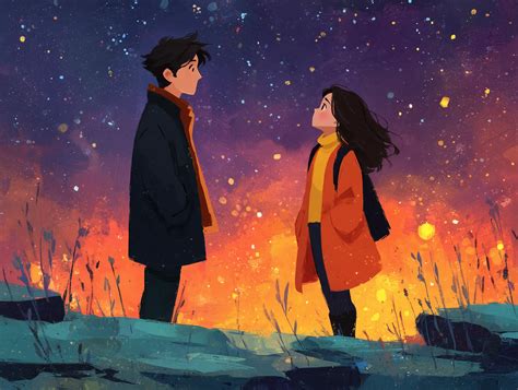 Ilustración de pareja de manga con atmósfera romántica