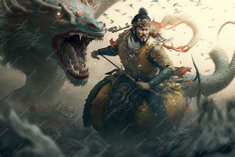 Ilustración de un guerrero con un dragón