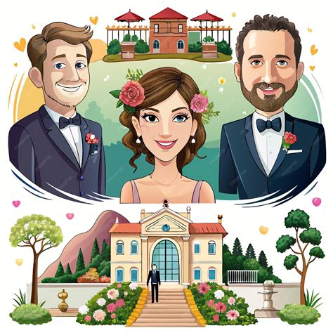 Ilustración de una pareja joven casándose en una ceremonia lujosa