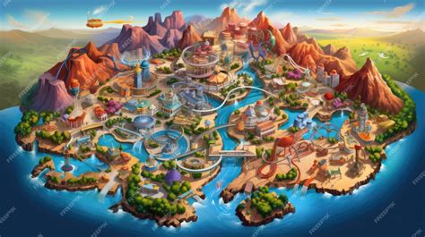 Mapa interactivo de un parque temático mostrando diferentes zonas de aventura