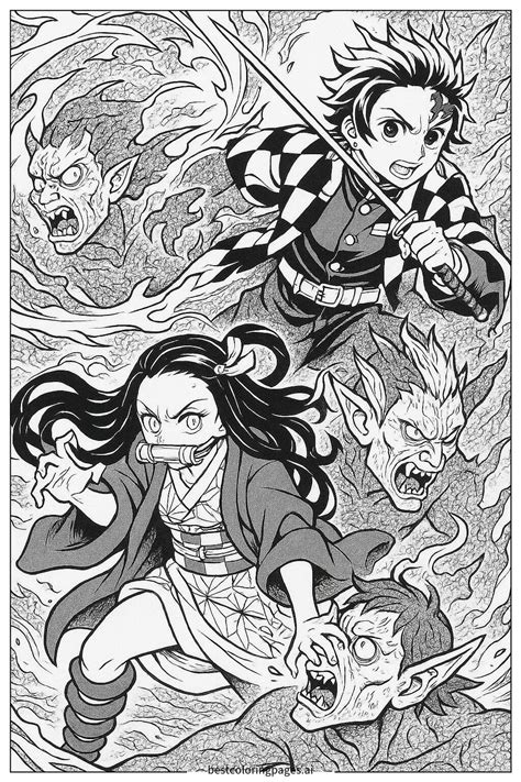 Ilustración de Tanjiro y Nezuko luchando contra demonios