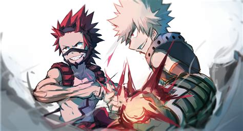Ilustración de Kirishima y Bakugo en estilo anime