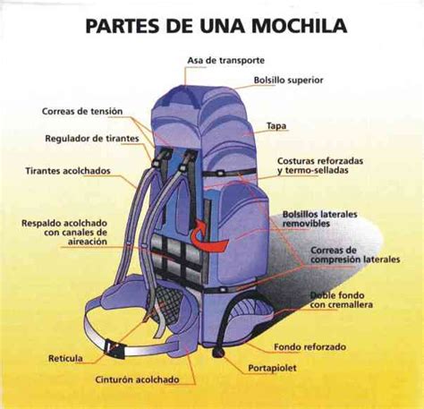 Infografía con las dimensiones de la mochila y sus compartimentos.