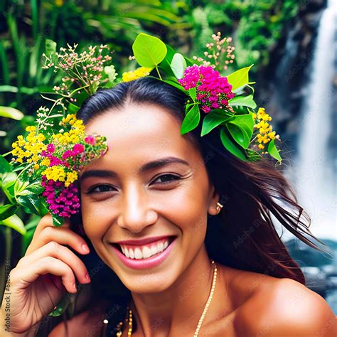 Ilustración conceptual de una mujer joven sonriendo con flores