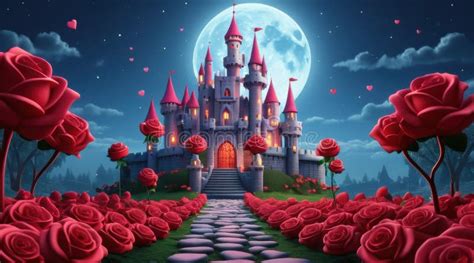 Ilustración de un castillo misterioso con rosas rojas