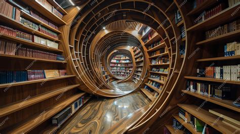 Interior de la biblioteca con estanterías en espiral