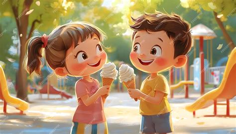 Ilustración de dos chicas compartiendo un helado en un día soleado