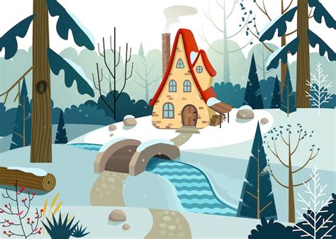 Ilustración de una casa de invierno rodeada de nieve y árboles desnudos.