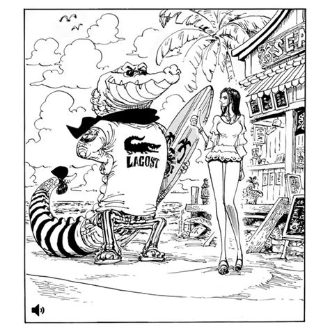 Ilustración de Robin y un cocodrilo de Eiichiro Oda para la colaboración Lacoste x One Piece