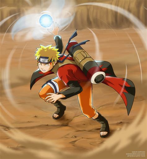 Naruto en Modo Sabio ejecutando un Rasen Shuriken
