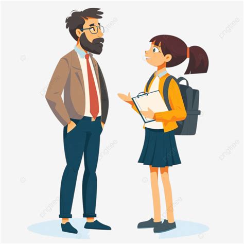 Ilustración de un aula con un profesor y una alumna conversando