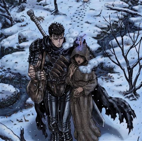 Guts y Casca caminando juntos al atardecer