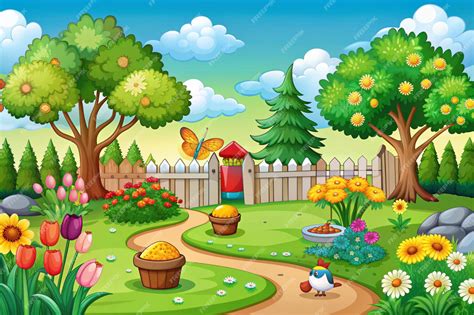 Ilustración de un jardín inglés con elementos florales