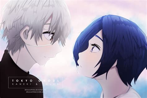Ilustración de la pareja Kaneki y Touka abrazándose.