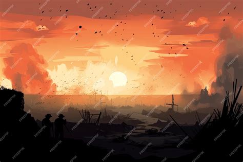 Ilustración del amanecer sobre un campo de batalla en Kimetsu no Yaiba