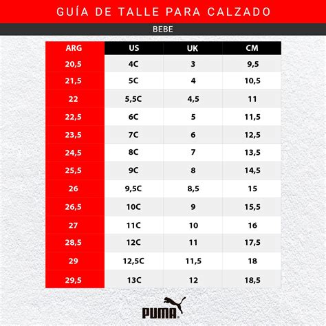 Tabla comparativa de tallas de calzado Puma