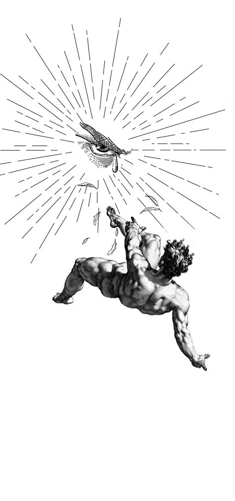 Ilustración de un ángel cayendo del cielo hacia un portal oscuro.