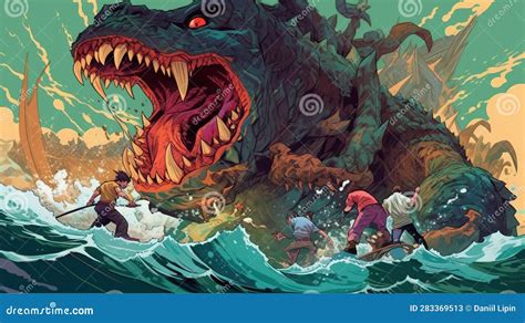 Ilustración de grupo de héroes luchando contra un villano