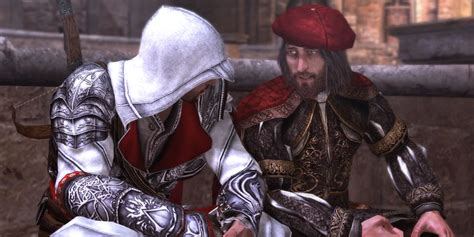 Ilustración de Leonardo da Vinci y Ezio Auditore trabajando juntos en un invento.