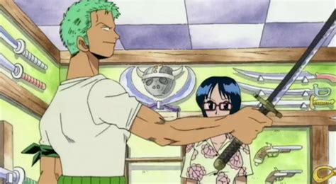 Ilustración de Zoro obteniendo la Sandai Kitetsu en Loguetown