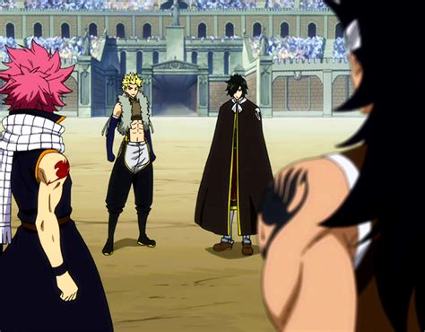 Natsu luchando contra Sting y Rogue