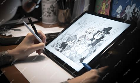 Manga artist trabajando en una tablet gráfica