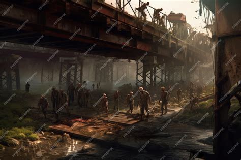 Pareja de supervivientes en un mundo post-apocalíptico con zombies al fondo