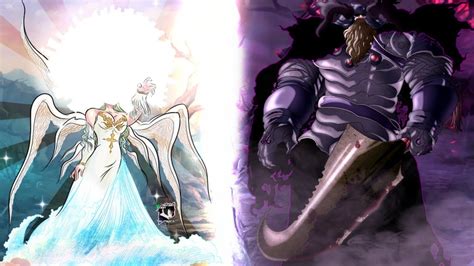 Representación de Meliodas y Elizabeth luchando contra el Rey Demonio y la Deidad Suprema.