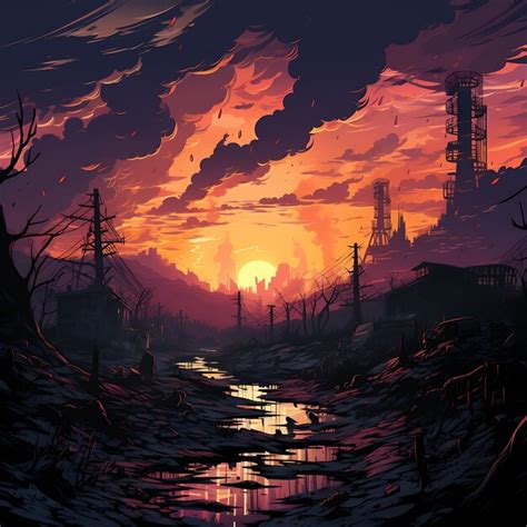 Ilustración de un paisaje post-apocalíptico con dos figuras masculinas.