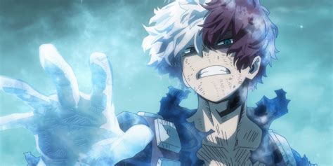 Shoto Todoroki en acción, utilizando tanto su hielo como su fuego.