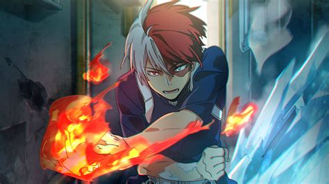 Ilustración de Todoroki usando sus poderes de hielo y fuego