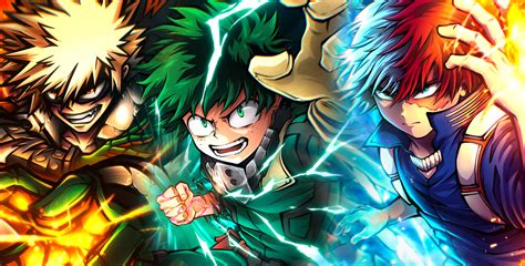 Portada de Boku no Hero con los perfiles de Midoriya, Bakugo y Todoroki