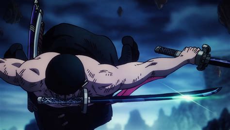 Ilustración de Zoro asestando el golpe final a King.