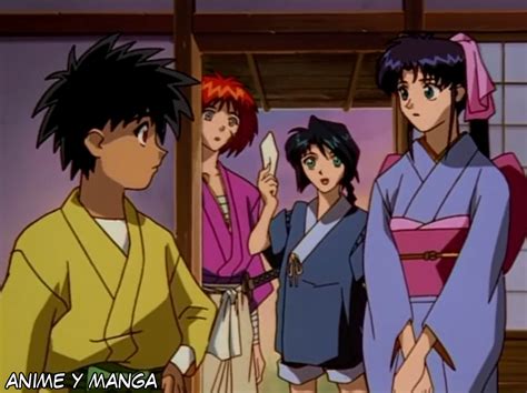 Kenshin y Kaoru recibiendo a Misao y Soujiro