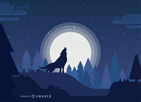 Ilustración de un lobo aullando a la luna llena.