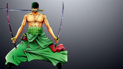 Roronoa Zoro en pose de combate con sus tres espadas
